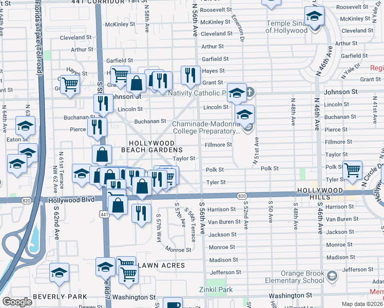 map of restaurants, bars, coffee shops, grocery stores, and more near 5614 Taylor Street in Hollywood