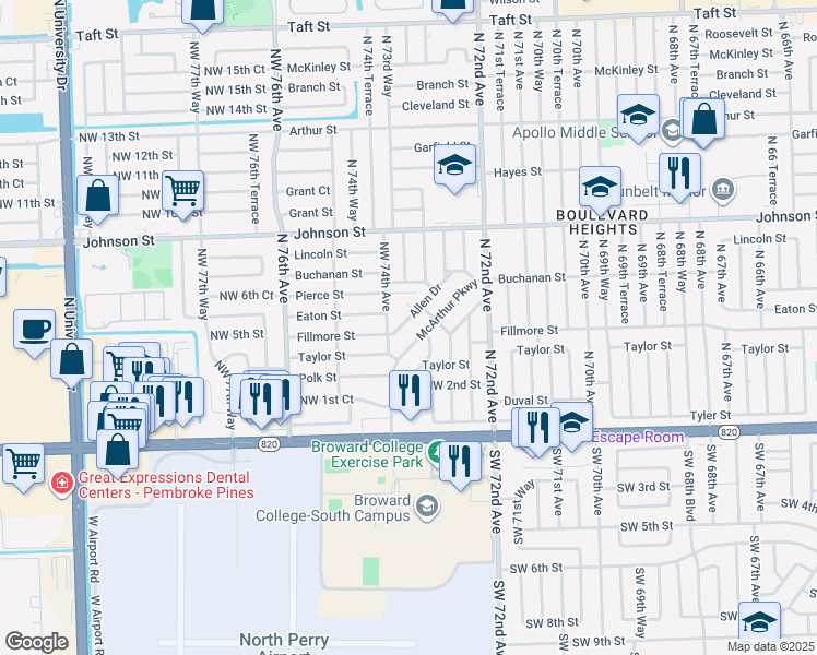 map of restaurants, bars, coffee shops, grocery stores, and more near 7351 McArthur Parkway in Hollywood