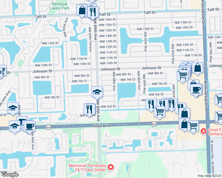 map of restaurants, bars, coffee shops, grocery stores, and more near 8810 Northwest 6th Street in Pembroke Pines