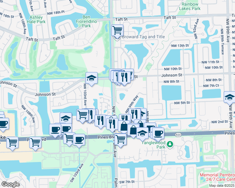 map of restaurants, bars, coffee shops, grocery stores, and more near 701 Promenade Drive in Pembroke Pines