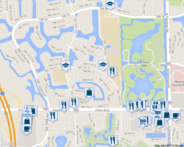 map of restaurants, bars, coffee shops, grocery stores, and more near 861 Northwest 130th Avenue in Pembroke Pines