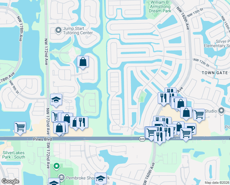map of restaurants, bars, coffee shops, grocery stores, and more near 705 Northwest 165th Avenue in Pembroke Pines