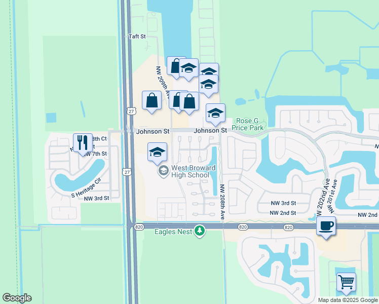 map of restaurants, bars, coffee shops, grocery stores, and more near 602 Northwest 208th Terrace in Pembroke Pines
