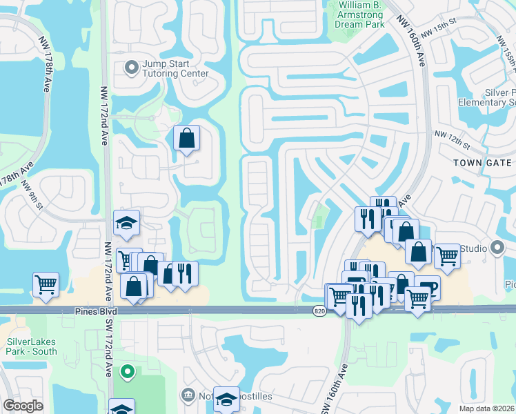 map of restaurants, bars, coffee shops, grocery stores, and more near 705 Northwest 165th Avenue in Pembroke Pines