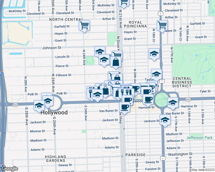 map of restaurants, bars, coffee shops, grocery stores, and more near 240 North Dixie Highway in Hollywood