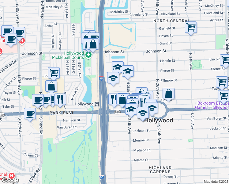 map of restaurants, bars, coffee shops, grocery stores, and more near 2900 Taylor Street in Hollywood