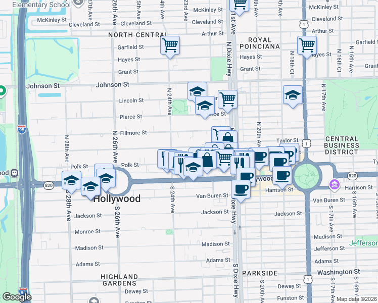 map of restaurants, bars, coffee shops, grocery stores, and more near 2235 Polk Street in Hollywood
