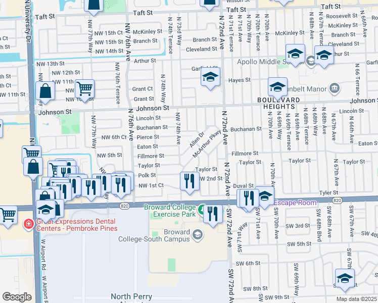 map of restaurants, bars, coffee shops, grocery stores, and more near 7351 McArthur Parkway in Hollywood