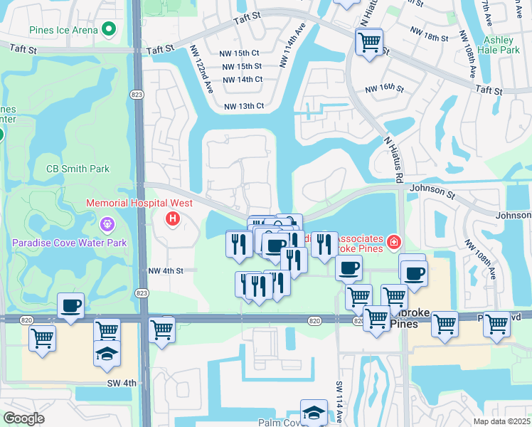 map of restaurants, bars, coffee shops, grocery stores, and more near 11452 Northwest 10th Street in Pembroke Pines
