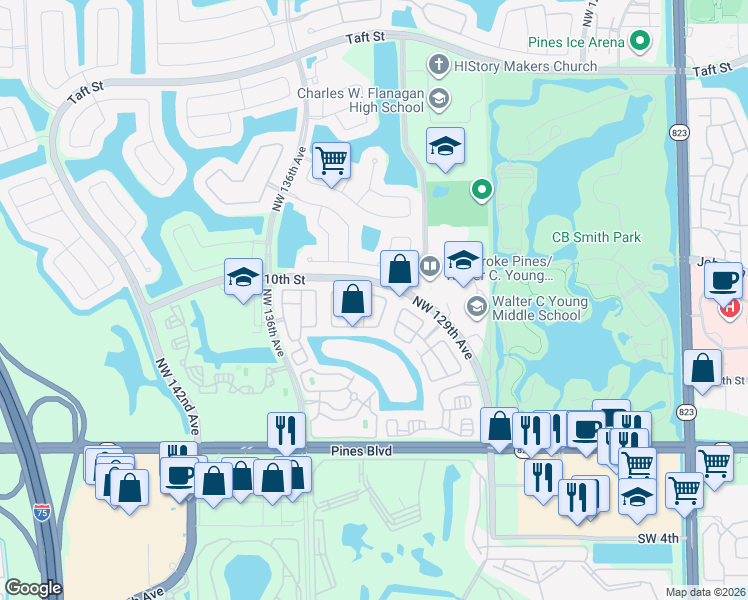 map of restaurants, bars, coffee shops, grocery stores, and more near 861 Northwest 130th Avenue in Pembroke Pines