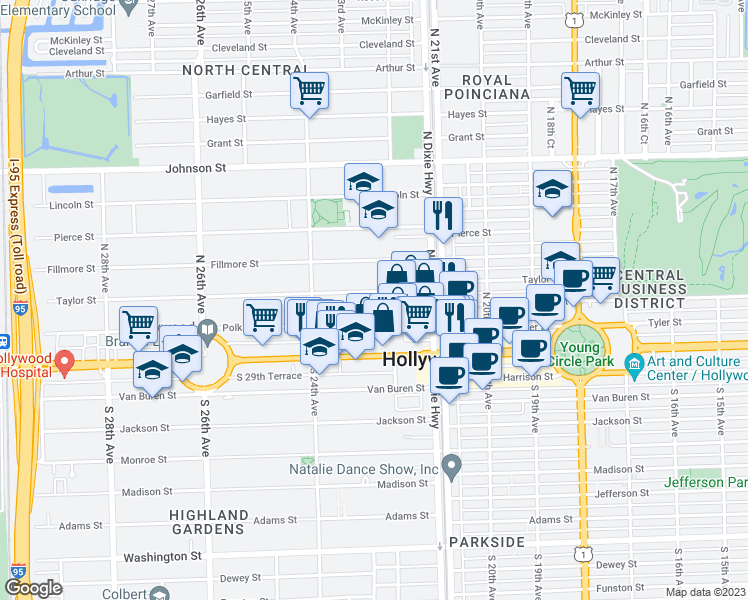 map of restaurants, bars, coffee shops, grocery stores, and more near 2235 Polk Street in Hollywood