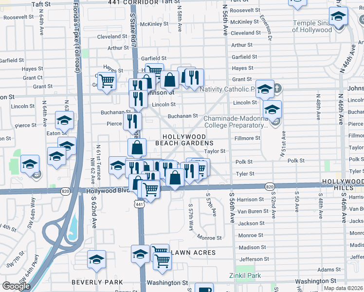 map of restaurants, bars, coffee shops, grocery stores, and more near 412 Columbus Parkway in Hollywood