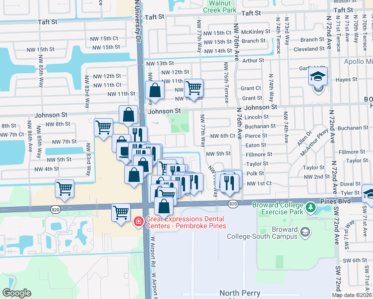 map of restaurants, bars, coffee shops, grocery stores, and more near 331 Northwest 78th Terrace in Pembroke Pines