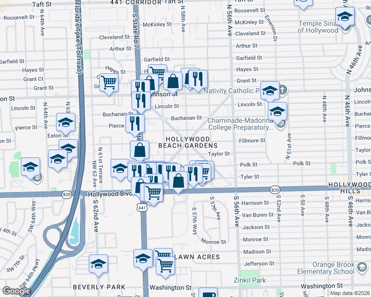 map of restaurants, bars, coffee shops, grocery stores, and more near 5740 Taylor Street in Hollywood