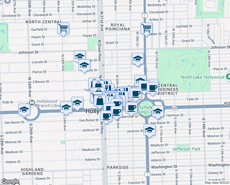 map of restaurants, bars, coffee shops, grocery stores, and more near 2030 Polk Street in Hollywood