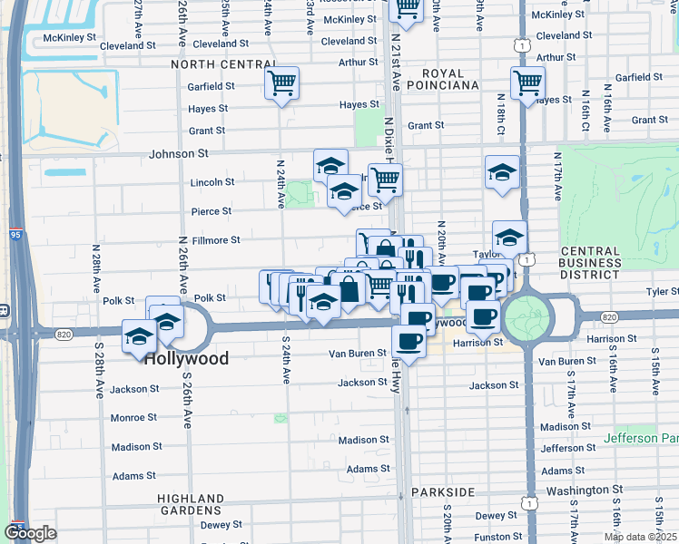map of restaurants, bars, coffee shops, grocery stores, and more near 2235 Polk Street in Hollywood