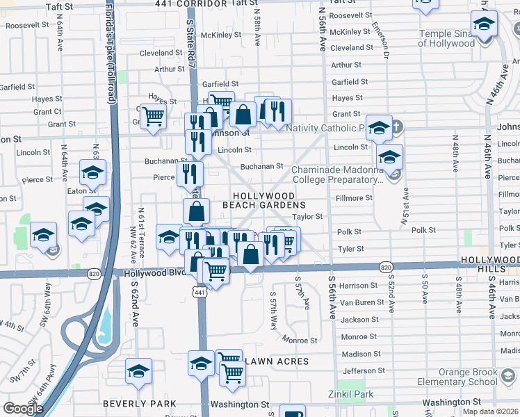 map of restaurants, bars, coffee shops, grocery stores, and more near 5740 Taylor Street in Hollywood