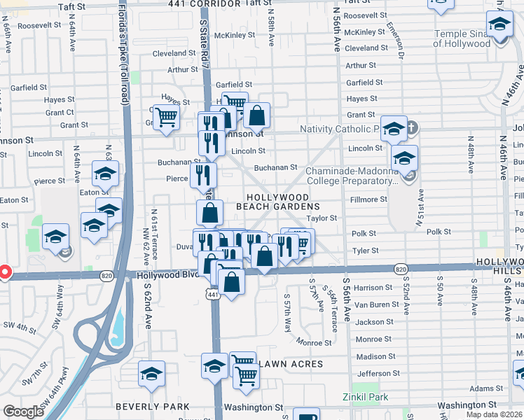 map of restaurants, bars, coffee shops, grocery stores, and more near 5829 Taylor Street in Hollywood