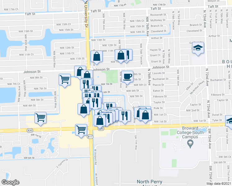 map of restaurants, bars, coffee shops, grocery stores, and more near 331 Northwest 78th Terrace in Pembroke Pines