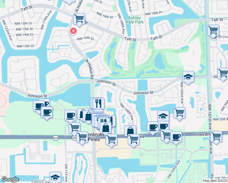 map of restaurants, bars, coffee shops, grocery stores, and more near 602 Northwest 108th Terrace in Pembroke Pines