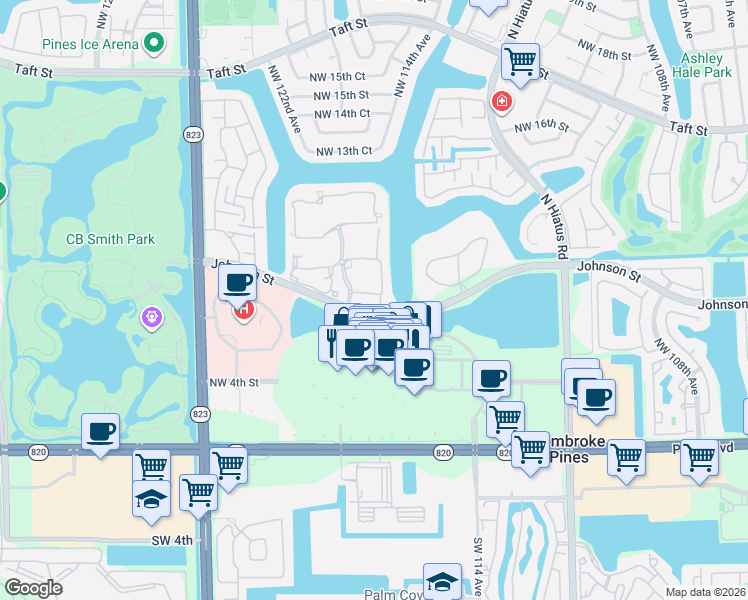 map of restaurants, bars, coffee shops, grocery stores, and more near 11452 Northwest 10th Street in Pembroke Pines