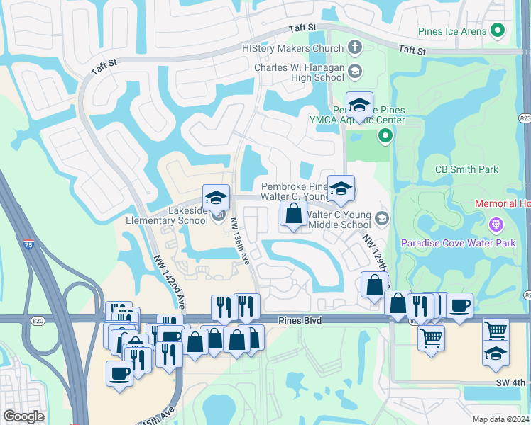map of restaurants, bars, coffee shops, grocery stores, and more near 952 Northwest 134th Avenue in Pembroke Pines