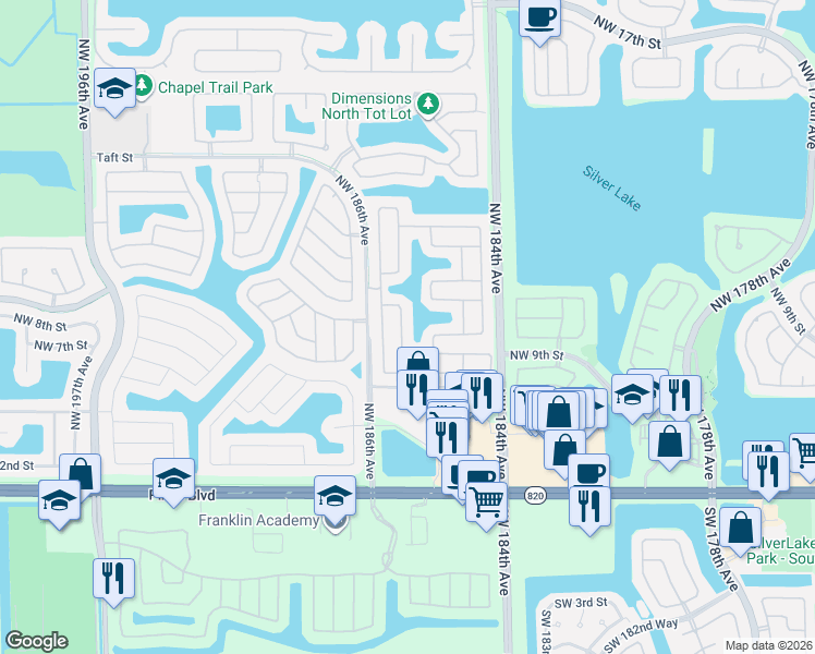 map of restaurants, bars, coffee shops, grocery stores, and more near 960 Northwest 185th Avenue in Pembroke Pines