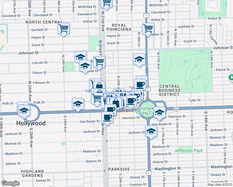 map of restaurants, bars, coffee shops, grocery stores, and more near 2030 Polk Street in Hollywood