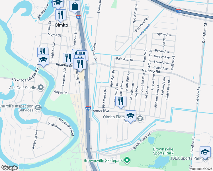 map of restaurants, bars, coffee shops, grocery stores, and more near 60 Pino Blanco Drive in Brownsville