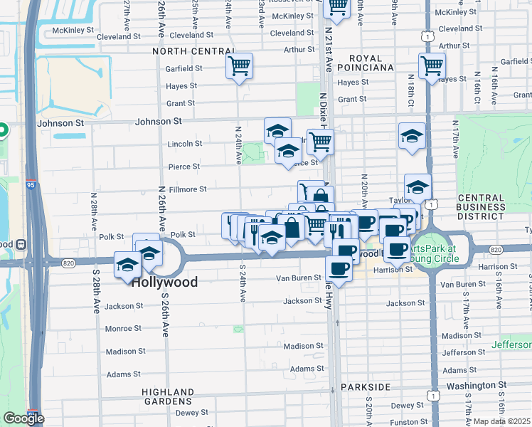 map of restaurants, bars, coffee shops, grocery stores, and more near 2302 Taylor Street in Hollywood