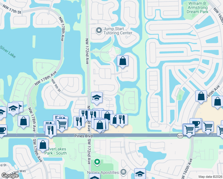 map of restaurants, bars, coffee shops, grocery stores, and more near 17021 Northwest 10th Street in Pembroke Pines