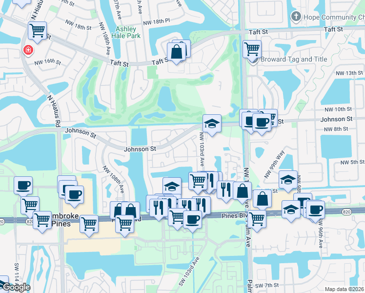 map of restaurants, bars, coffee shops, grocery stores, and more near 10485 Northwest 7th Street in Pembroke Pines
