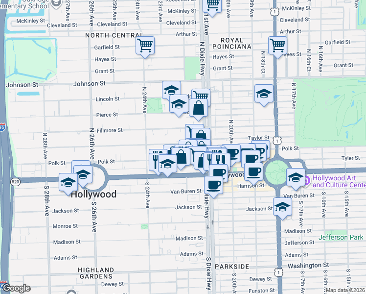 map of restaurants, bars, coffee shops, grocery stores, and more near 240 North Dixie Highway in Hollywood