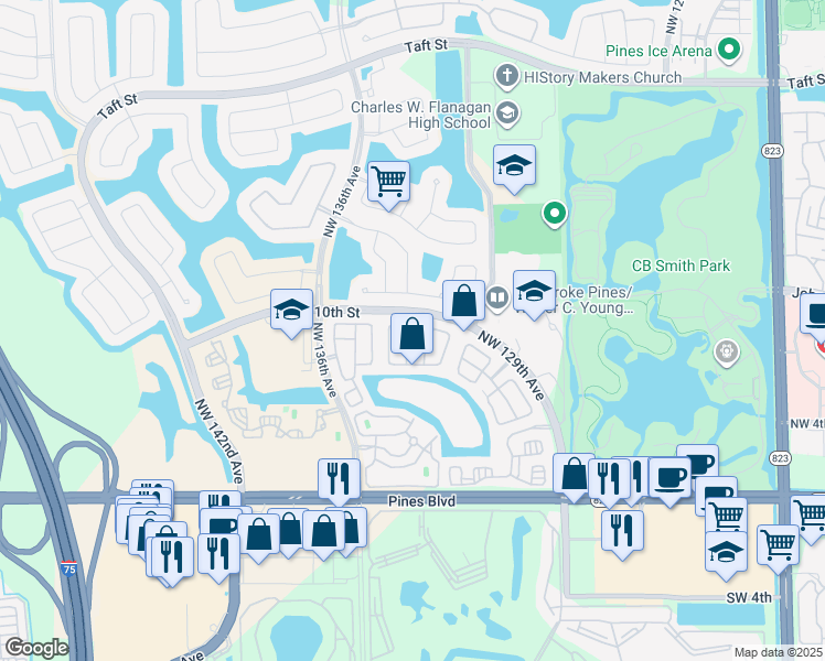 map of restaurants, bars, coffee shops, grocery stores, and more near 855 Northwest 132nd Avenue in Pembroke Pines