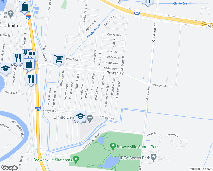 map of restaurants, bars, coffee shops, grocery stores, and more near 7296 Alabama Pine Street in Brownsville