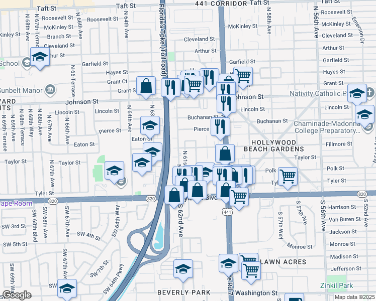 map of restaurants, bars, coffee shops, grocery stores, and more near 405 North 61st Terrace in Hollywood