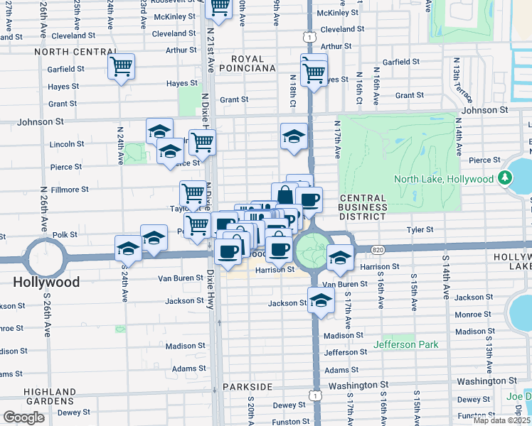 map of restaurants, bars, coffee shops, grocery stores, and more near 1942 Polk Street in Hollywood