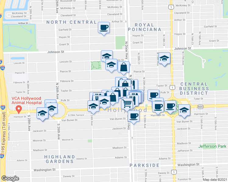 map of restaurants, bars, coffee shops, grocery stores, and more near 240 North Dixie Highway in Hollywood