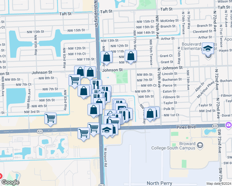map of restaurants, bars, coffee shops, grocery stores, and more near 7911 Northwest 3rd Street in Pembroke Pines
