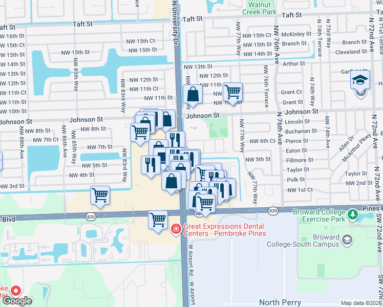 map of restaurants, bars, coffee shops, grocery stores, and more near 303 North University Drive in Pembroke Pines