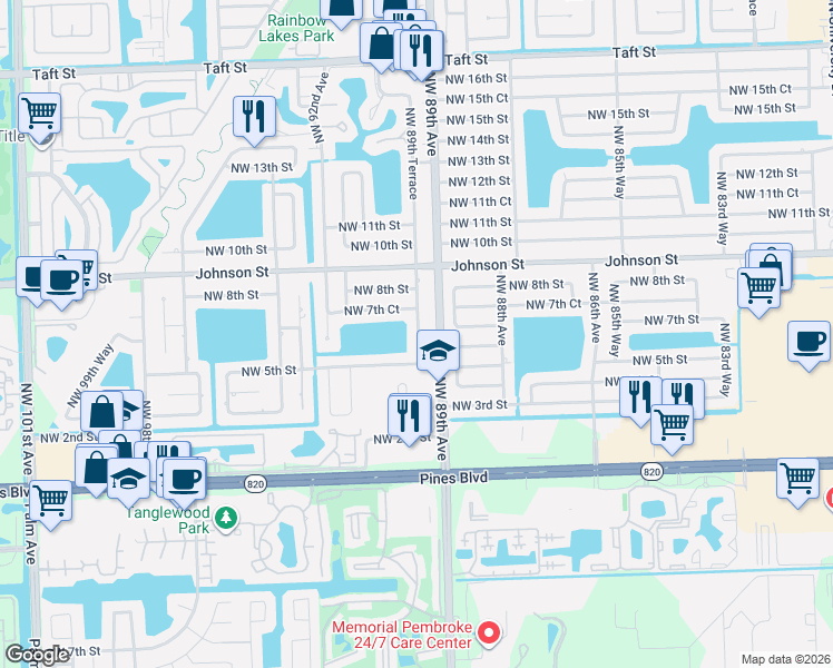 map of restaurants, bars, coffee shops, grocery stores, and more near 510 Northwest 89th Terrace in Pembroke Pines