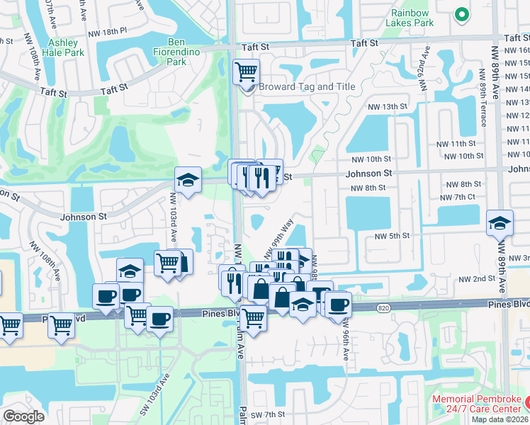 map of restaurants, bars, coffee shops, grocery stores, and more near 417 Northwest 100th Place in Pembroke Pines