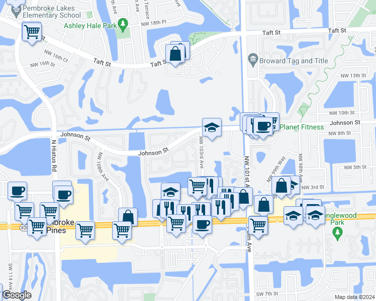 map of restaurants, bars, coffee shops, grocery stores, and more near 396 Northwest 103rd Terrace in Pembroke Pines