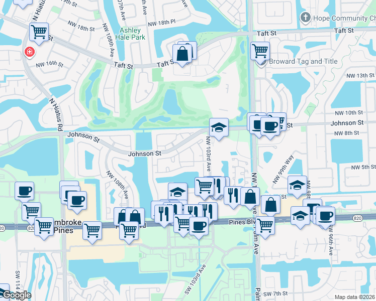 map of restaurants, bars, coffee shops, grocery stores, and more near 10485 Northwest 7th Street in Pembroke Pines