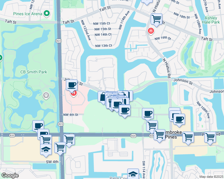 map of restaurants, bars, coffee shops, grocery stores, and more near 11452 Northwest 10th Street in Pembroke Pines