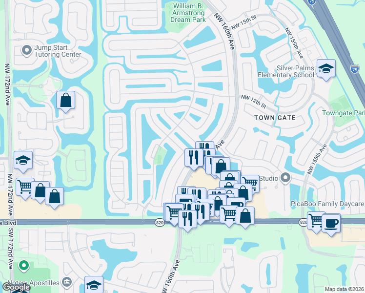 map of restaurants, bars, coffee shops, grocery stores, and more near 16143 Northwest 8th Drive in Pembroke Pines