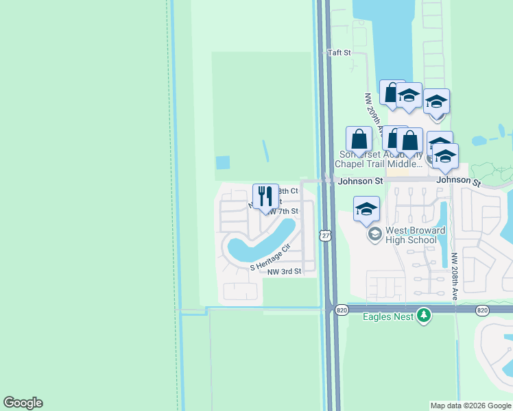 map of restaurants, bars, coffee shops, grocery stores, and more near 701 Northwest 217th Way in Pembroke Pines