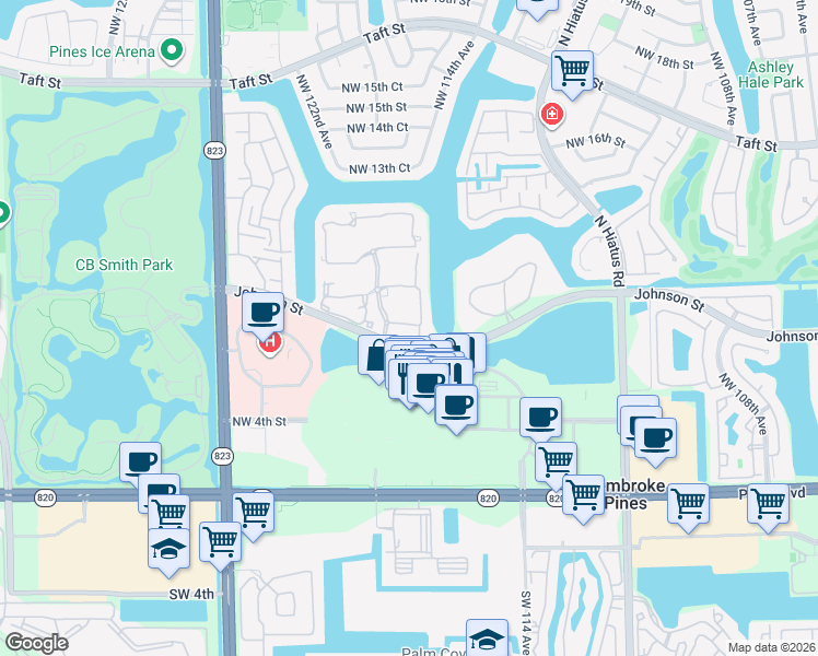 map of restaurants, bars, coffee shops, grocery stores, and more near 11452 Northwest 10th Street in Pembroke Pines