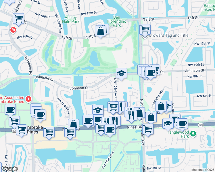 map of restaurants, bars, coffee shops, grocery stores, and more near 396 Northwest 103rd Terrace in Pembroke Pines