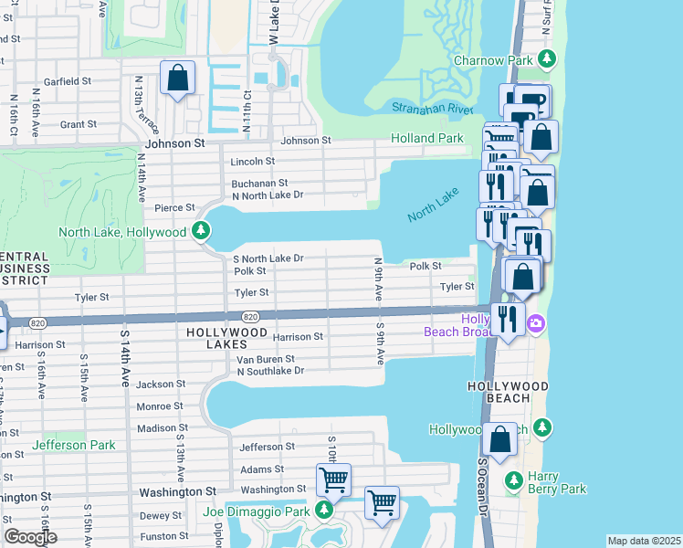 map of restaurants, bars, coffee shops, grocery stores, and more near 959 Tyler Street in Hollywood